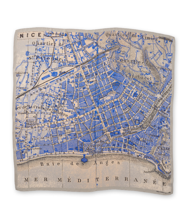 Blue silk scarf depicting a vintage map of Nice on the Côte d'Azur in the south of France.