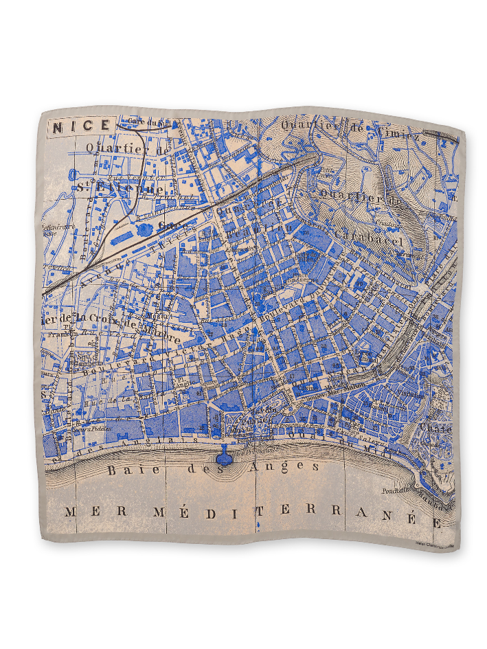 Blue silk scarf depicting a vintage map of Nice on the Côte d'Azur in the south of France.