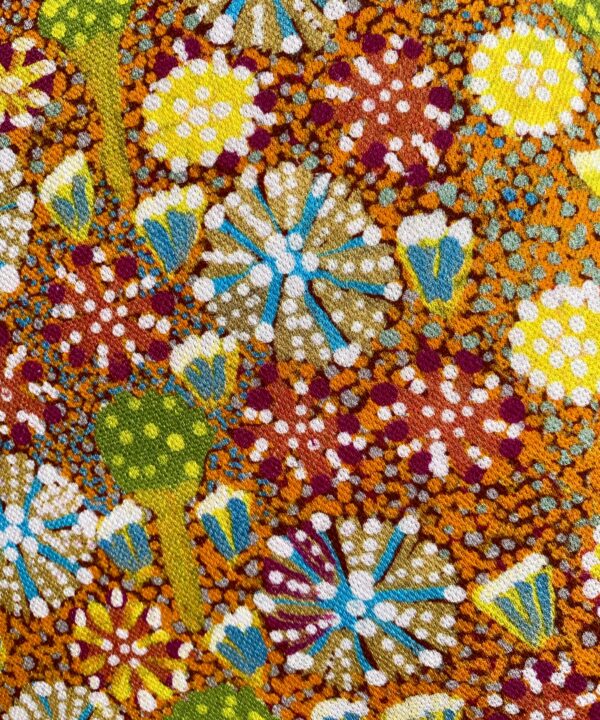 Indigenous Aboriginal art fabric close-up in bold colours.