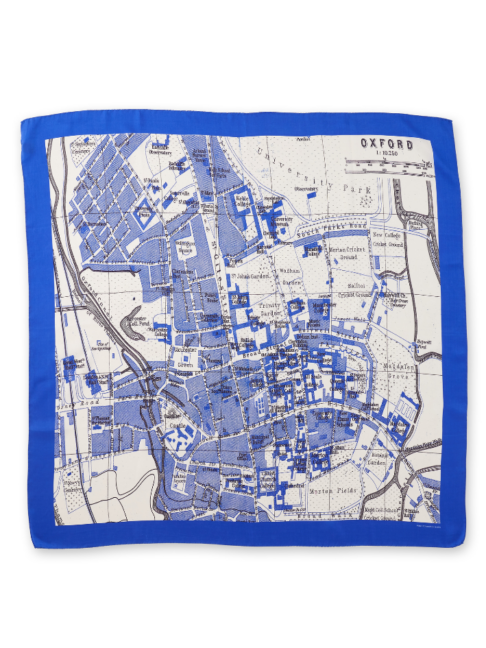 A deep blue silk scarf printed with a map of the city of Oxford, England.