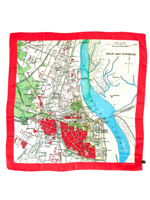 A red, blue and green silk Delhi map print scarf.