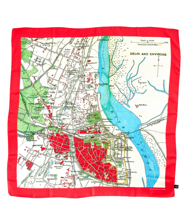 A red, blue and green silk Delhi map print scarf.