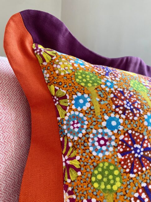 Cushions detail of an indigenous Aboriginal art print on linen.