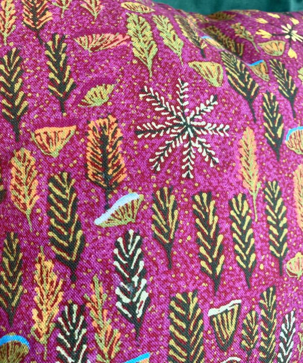 Detail of a pink botanical print on linen taken from an original indigenous Aboriginal art print. Available as a handmade cushion.