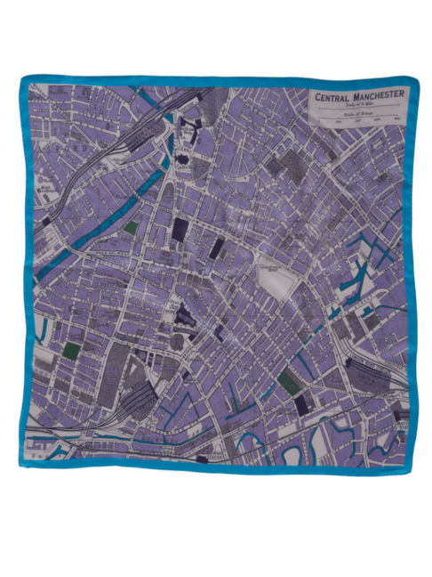 A Manchester map print on a luxury silk scarf in blues and purples.