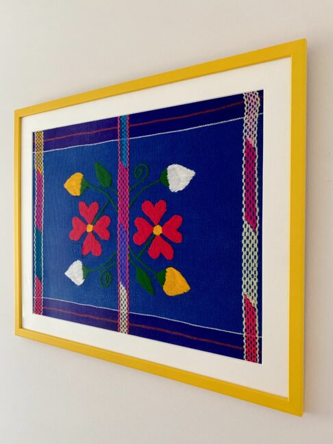 Framed Mexican colourful embroidery art textile with Sunshine yellow frame.