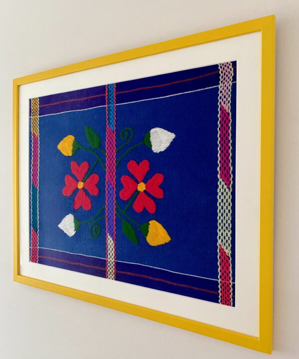 Framed Mexican colourful embroidery art textile with Sunshine yellow frame.