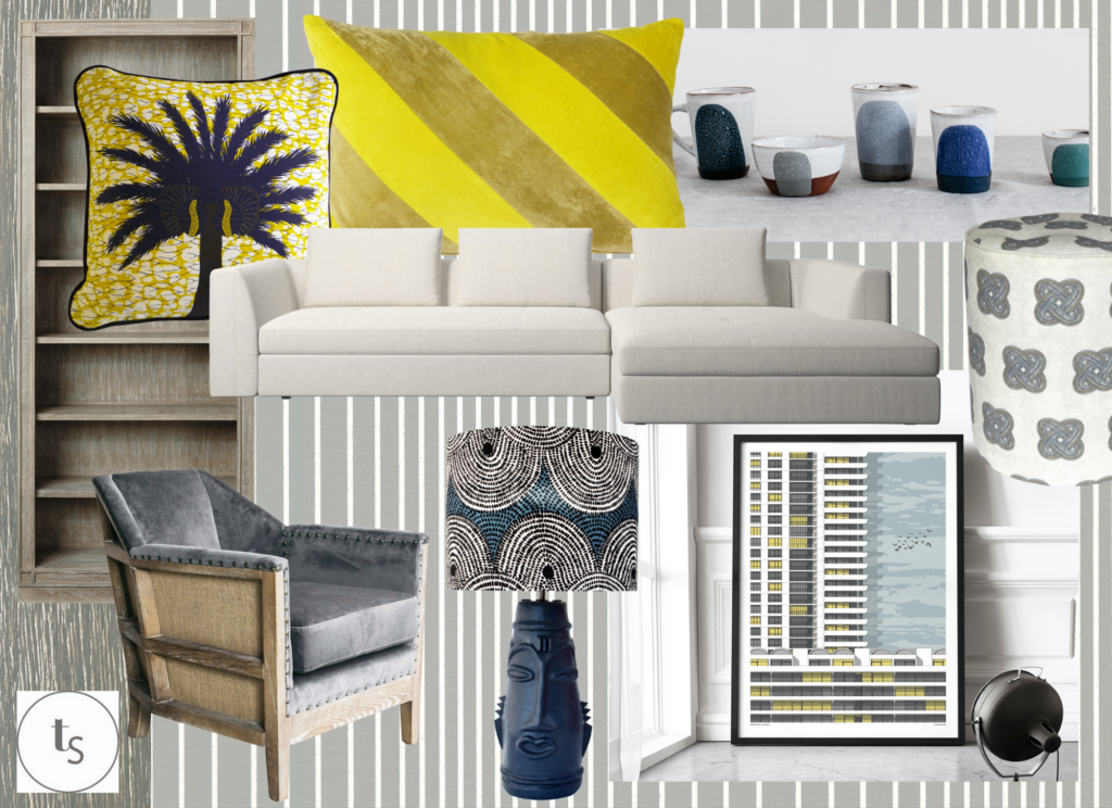 An African-inspired modern sitting room mood board scheme by Telescope Style.