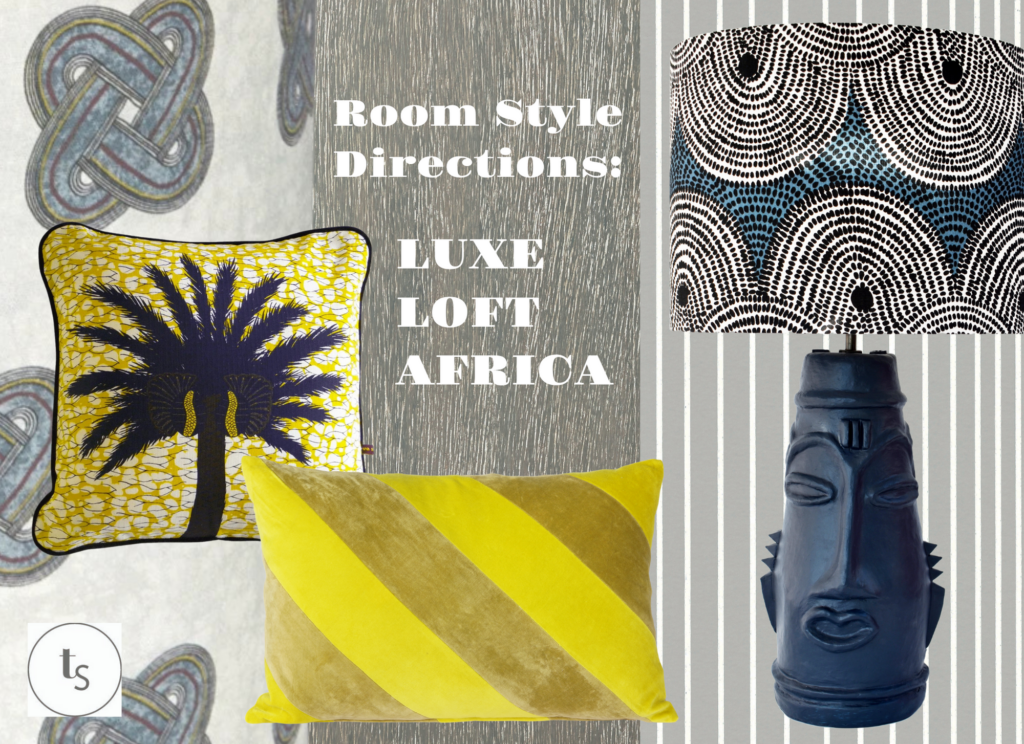 African décor with a modern, loft living vibe. A warm grey and lemon yellow room scheme.