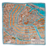 Orange silk scarf with a vintage Amsterdam map print on blue.