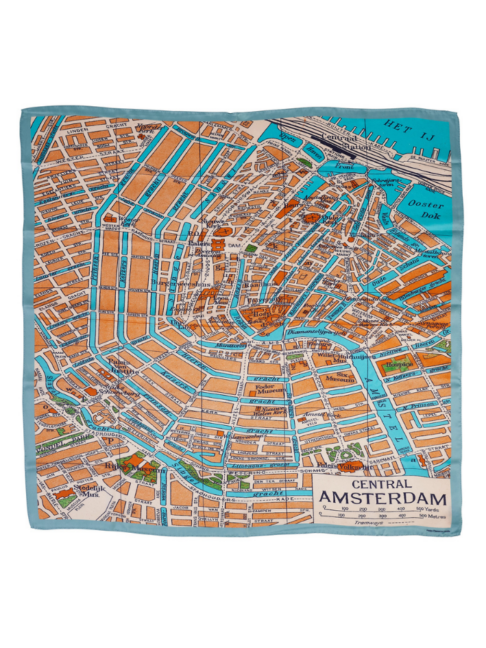 Orange silk scarf with a vintage Amsterdam map print on blue.