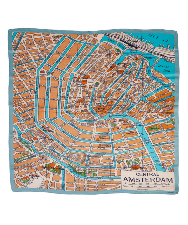 Orange silk scarf with a vintage Amsterdam map print on blue.