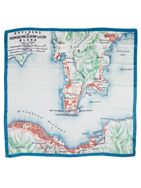 A pale blue silk scarf showing a vintage map of Hong Kong.