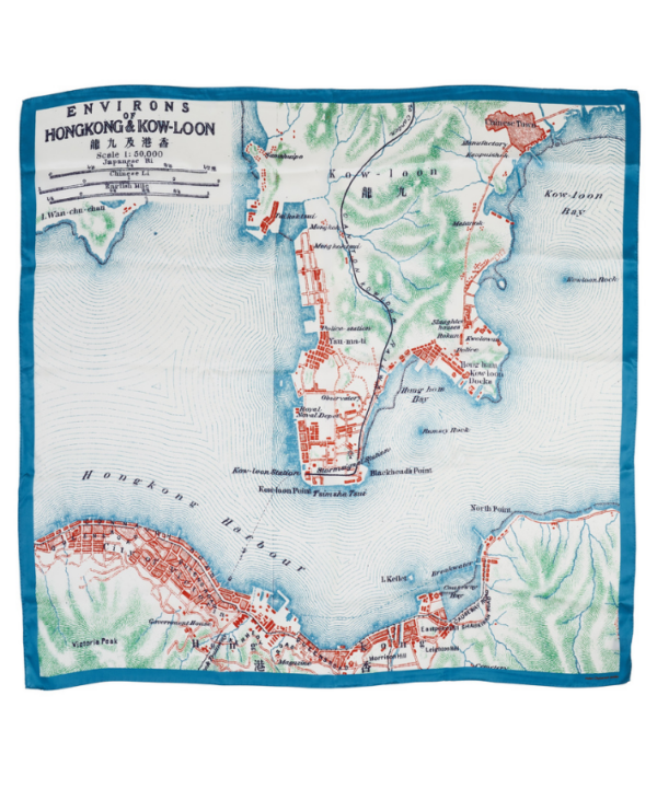 A pale blue silk scarf showing a vintage map of Hong Kong.