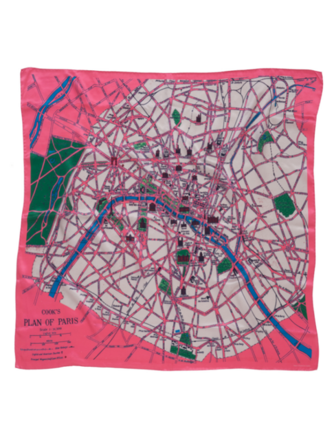 A map of Paris print pink silk scarf.