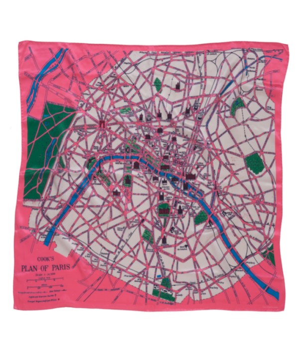 A map of Paris print pink silk scarf.