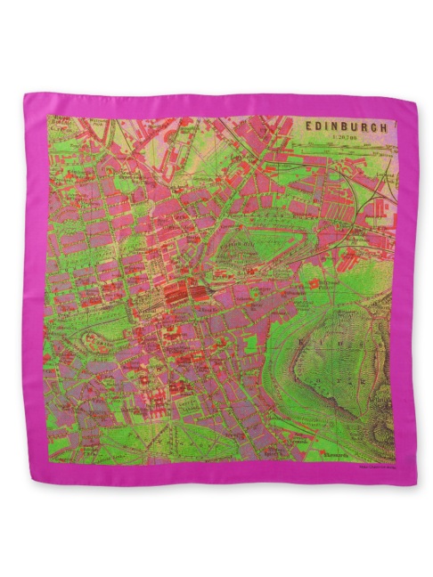 A magenta pink silk scarf printed with a vintage map of Edinburgh.