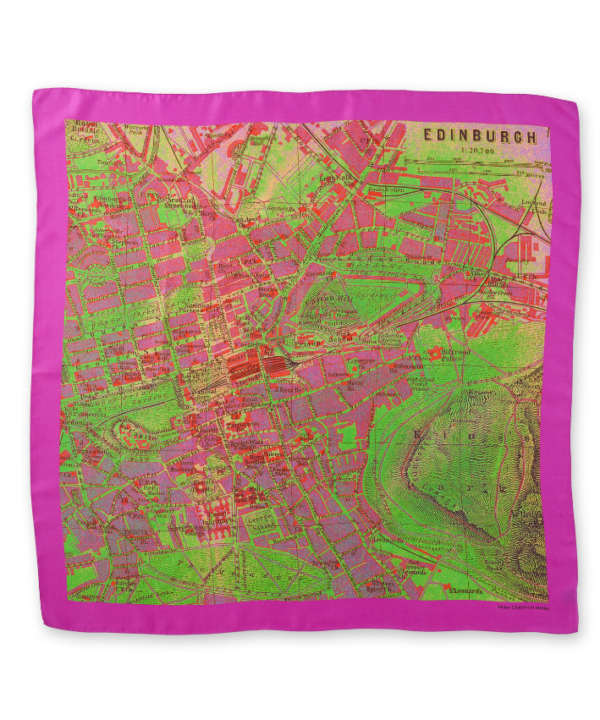 A magenta pink silk scarf printed with a vintage map of Edinburgh.