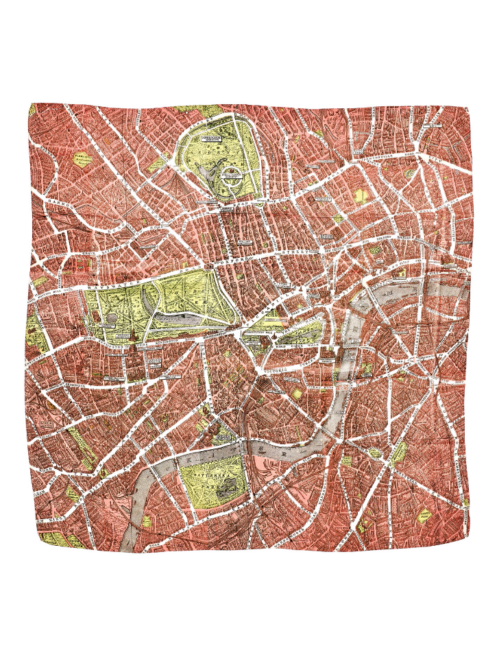 A blush pink silk scarf depicting a vintage city of London map print.