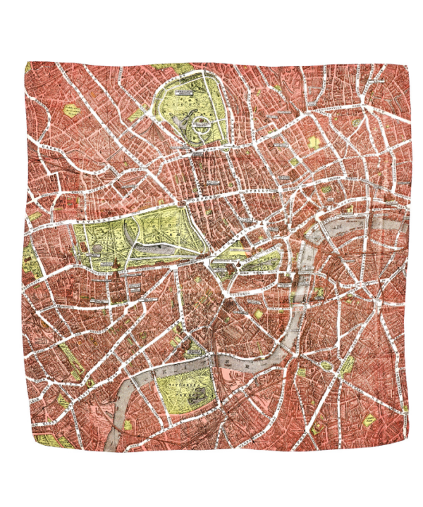 A blush pink silk scarf depicting a vintage city of London map print.