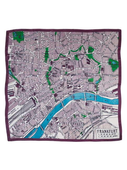 A purple silk scarf depicting a vintage map of Frankfurt.