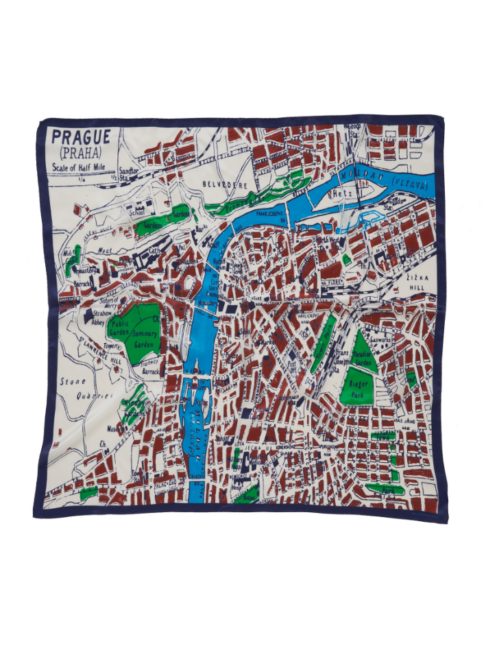 Burgundy silk scarf depicting a vintage map of Prague.