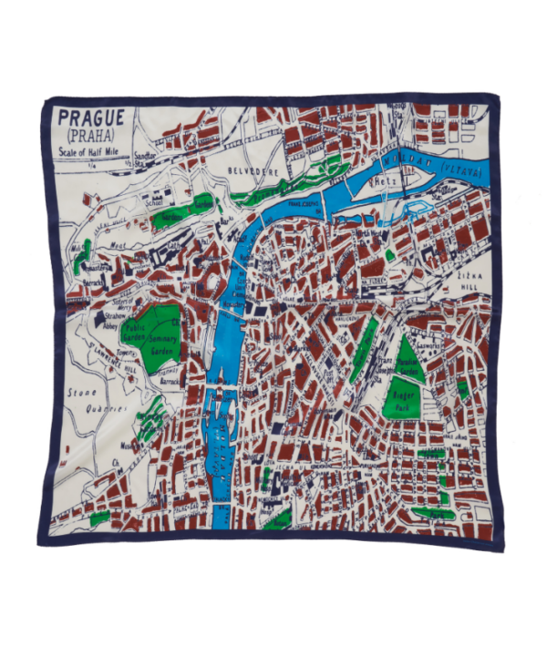 Burgundy silk scarf depicting a vintage map of Prague.