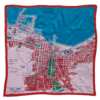 A Cape Town map print on a silk scarf in reds and blues.