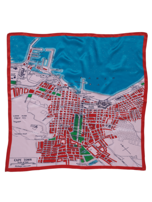 A Cape Town map print on a silk scarf in reds and blues.