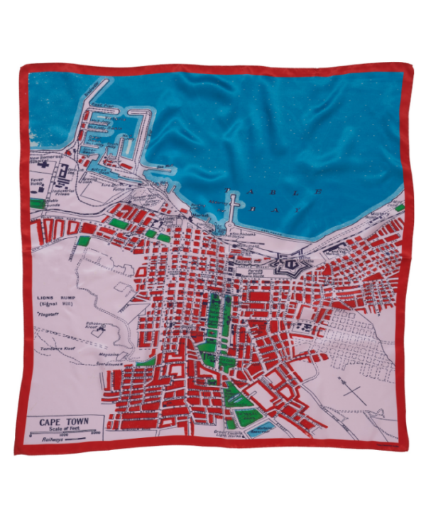 A Cape Town map print on a silk scarf in reds and blues.