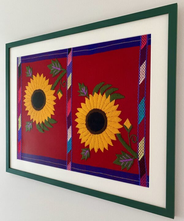 Sunflower framed wall art embroidered textile shot from the side.