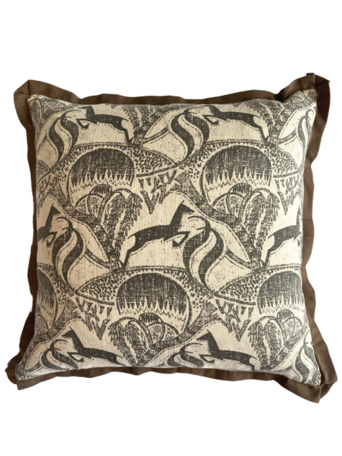 Springbok print cushion cover in monochrome with taupe trim.