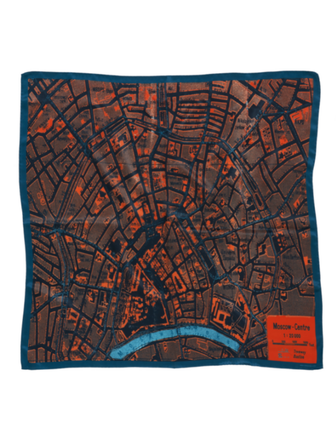 A navy silk scarf depicting a vintage map of Moscow.