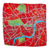 A bright red silk scarf depicting a vintage map of London.