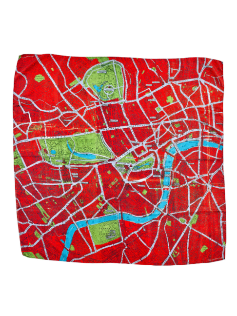 A bright red silk scarf depicting a vintage map of London.