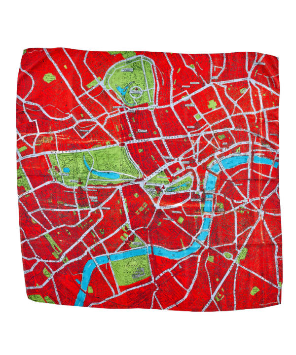 A bright red silk scarf depicting a vintage map of London.