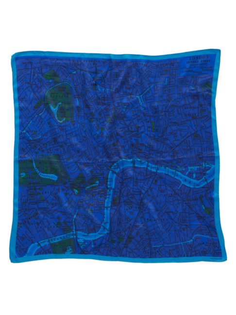 A royal blue silk scarf depicting a vintage map of London.