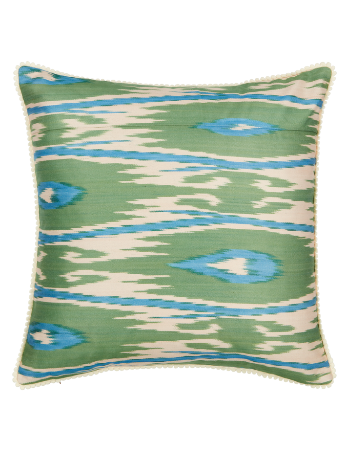 A blue and green silk Ikat cushion.