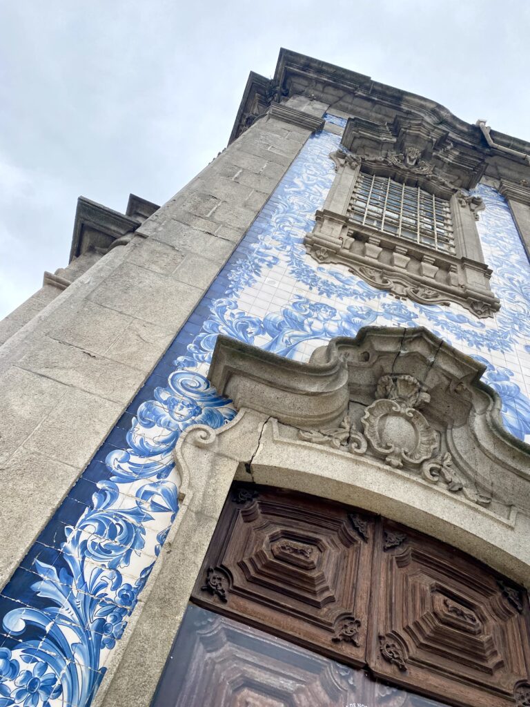 The tiled frontage of the Capela Das Almas in Porto, northern Portugal.