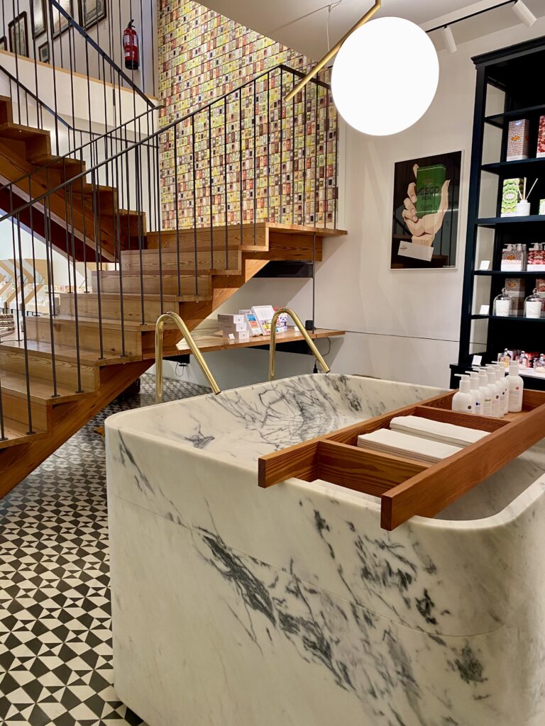 The stylish, modern interior of the Claus Porto soap boutique in Porto, Portugal.