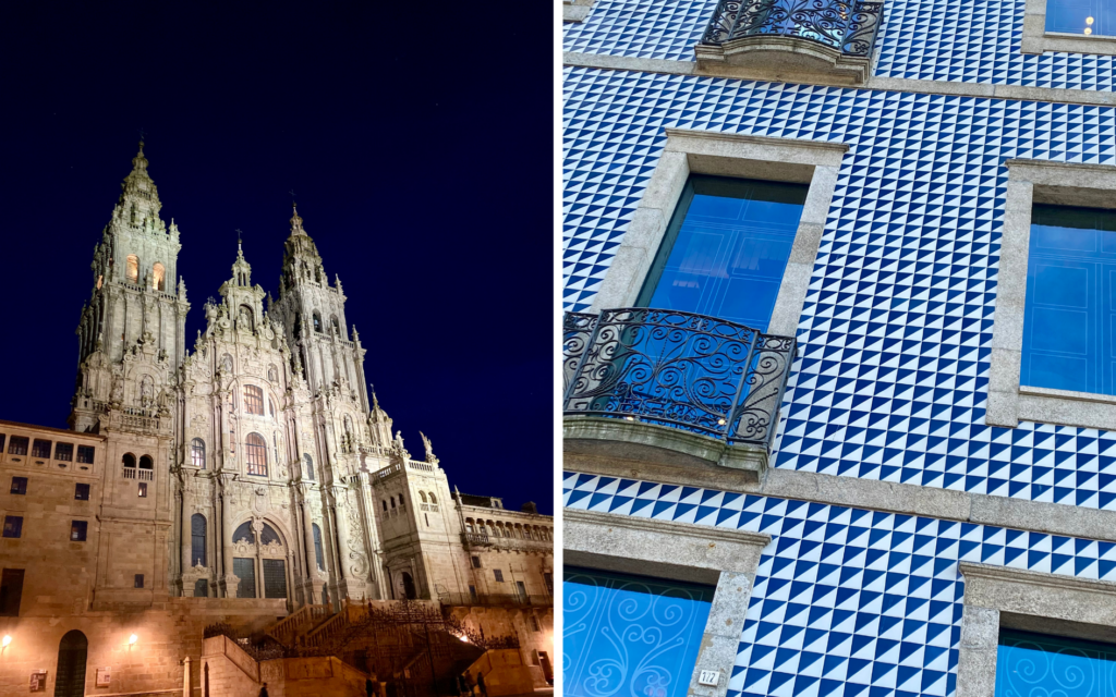 The iconic cathedral in Santiago De Compostela, northern Spain and tiled facades in Porto, northern Portugal.