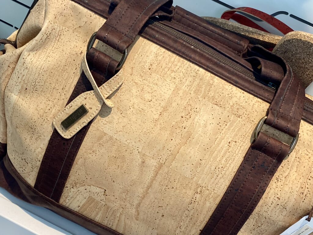 Cork products, such as this smart, cork weekend bag, are a traditional export of Portugal.