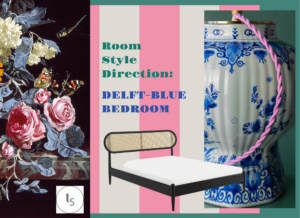 A Delft blue bedroom scheme mood board by Telescope Style.