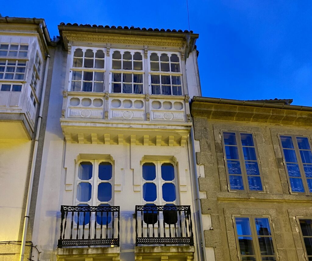 Juliet balconies and decorative glazed windows in Santiago De Compostela, Galicia, northern Spain.