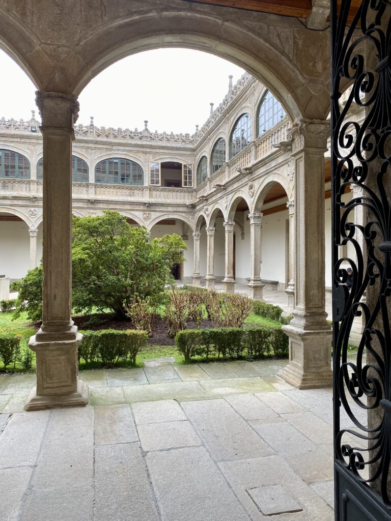 The historic library building and courtyard at the university of Santiago De Compostela.