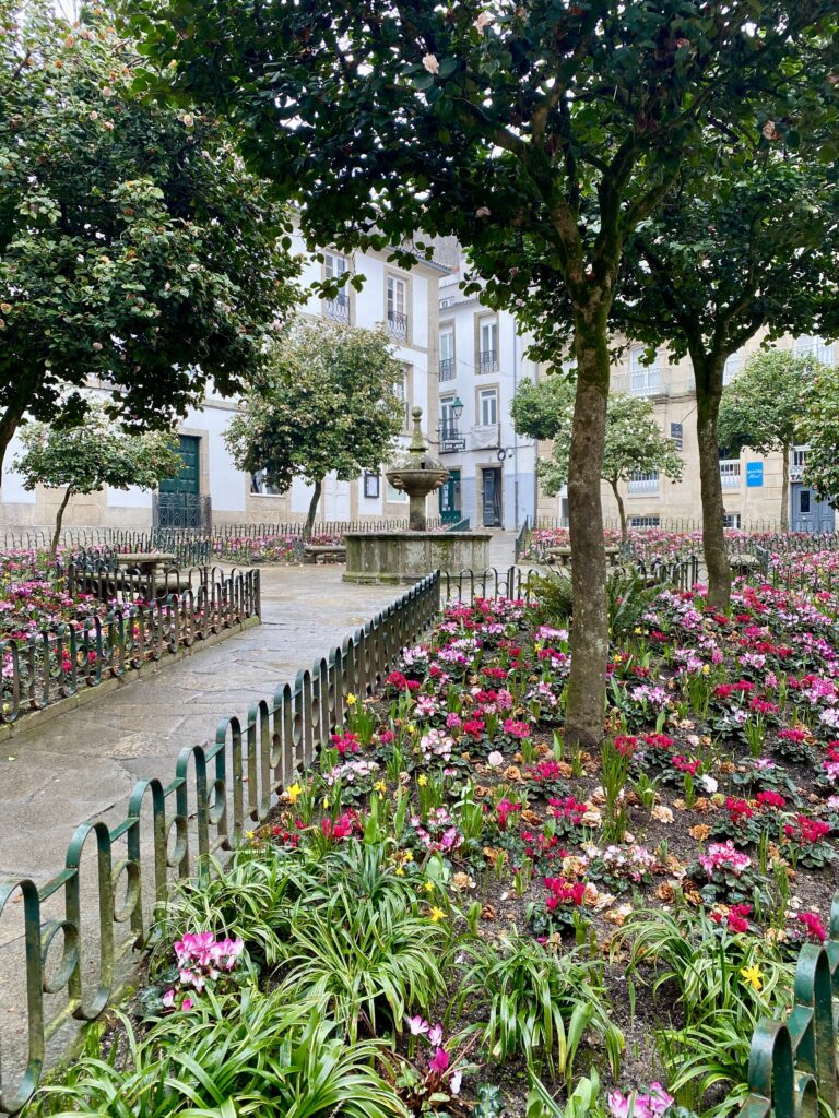 Formal garden squares in historic Santiago De Compostela.