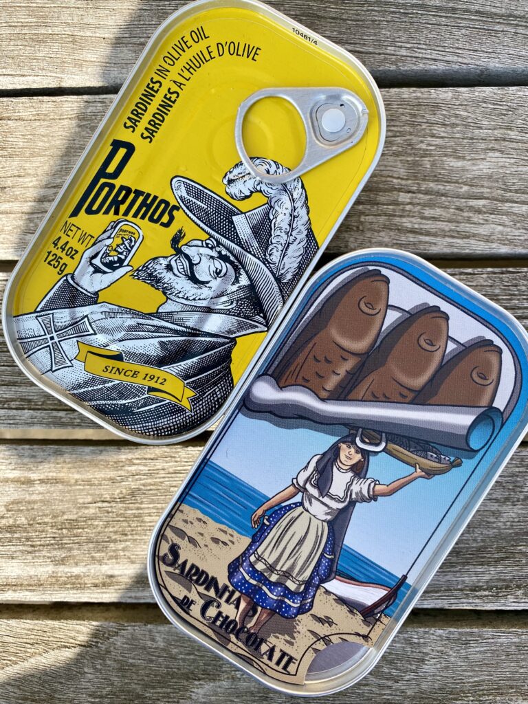 Retro designs on tinned sardines and chocolate sardines (!) from historic, sea-faring city, Porto in Portugal.