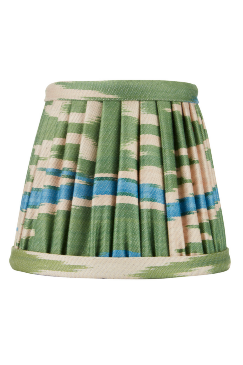 Blue and green gathered silk candle shades.