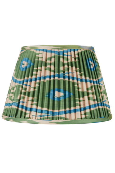 Blue and green gathered silk Ikat lampshades.