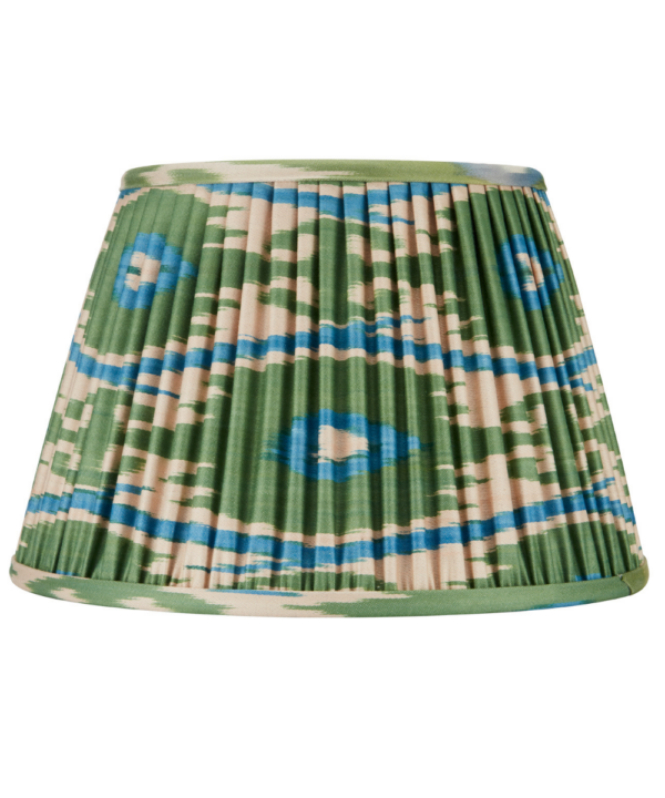 Blue and green gathered silk Ikat lampshades.